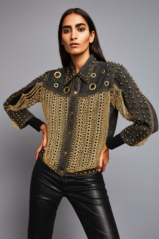 Black gold denim chain jacket
