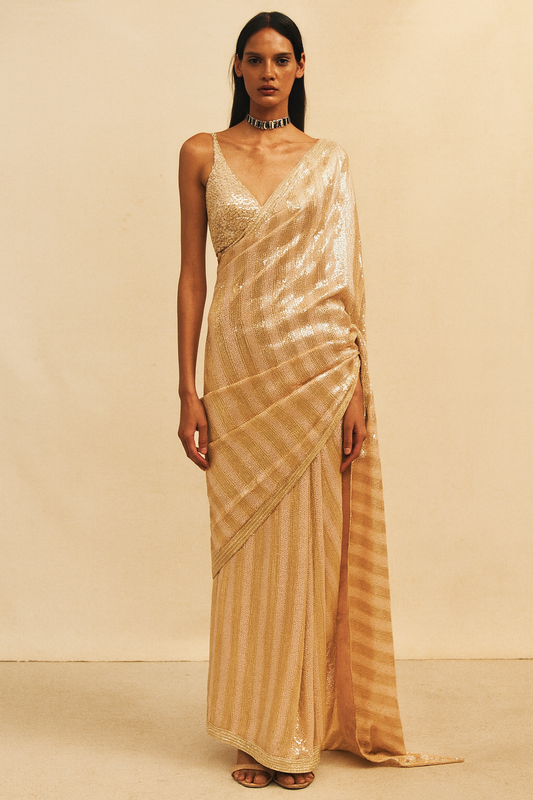 Champagne Gold Striped Sequin Saree