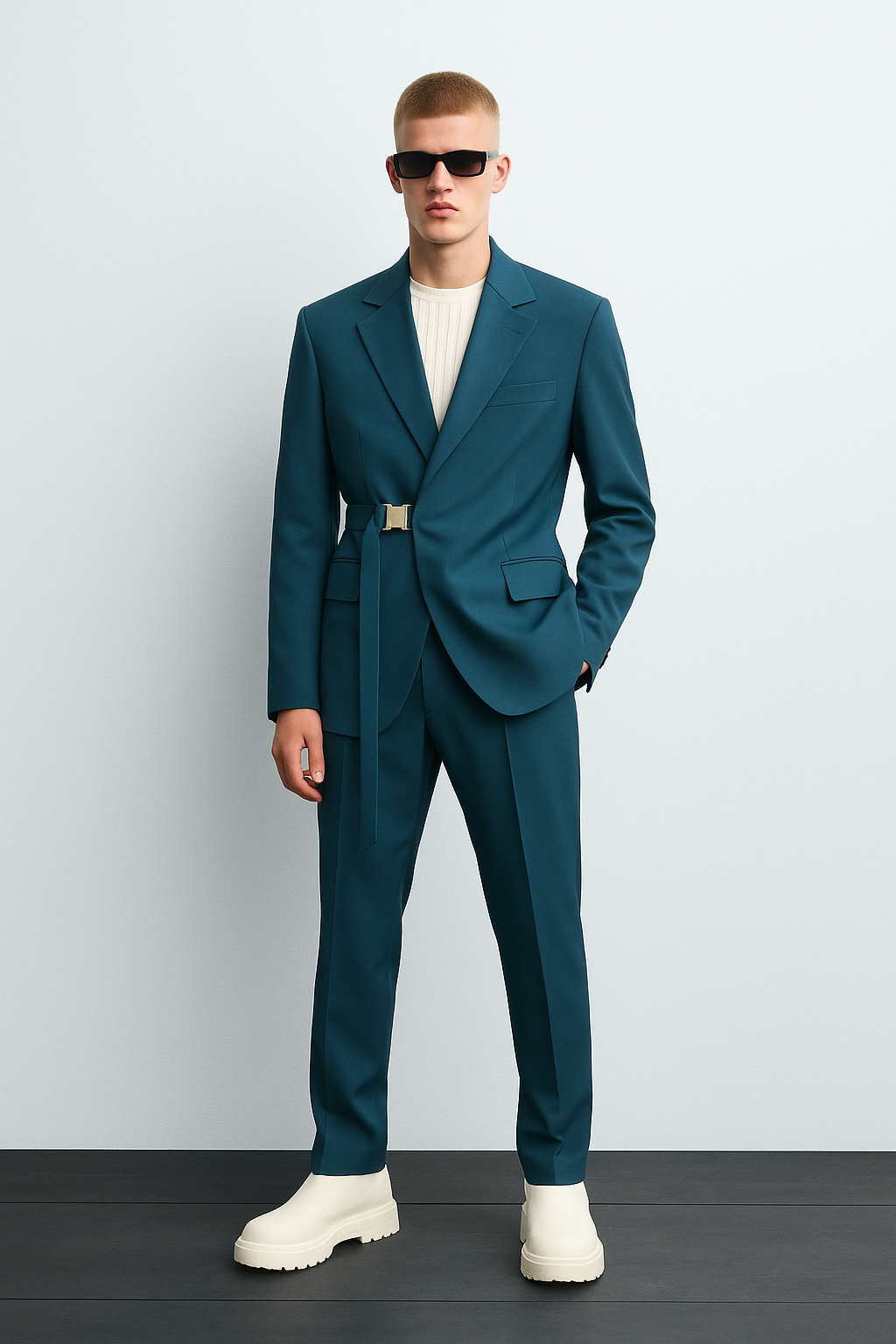 Teal Belted Modern Suit Set
