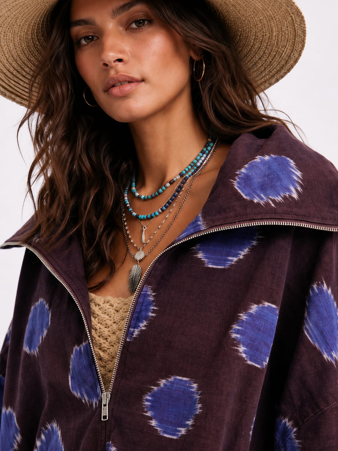 Indigo Ikat Print Oversized Zip Jacket