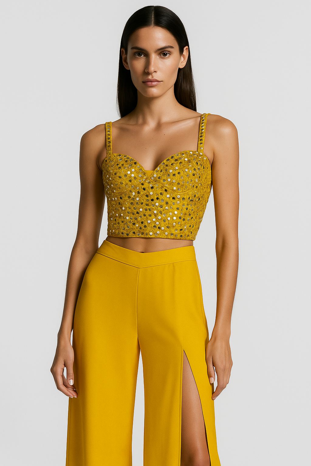 Mustard Mirror Work Bustier with High-Slit Pants Set