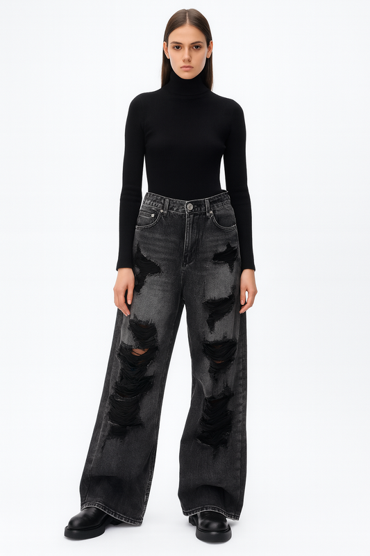 Black Distressed Wide-Leg Jeans