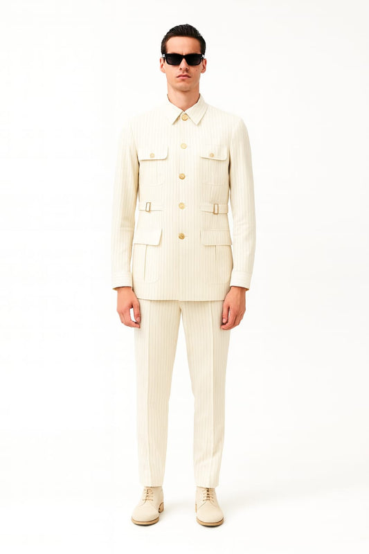 Ivory Pinstripe Safari Suit