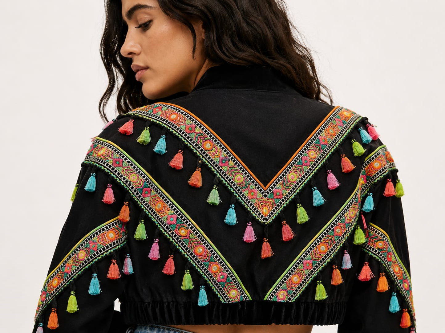 Black Embroidered Tassel Cropped Jacket