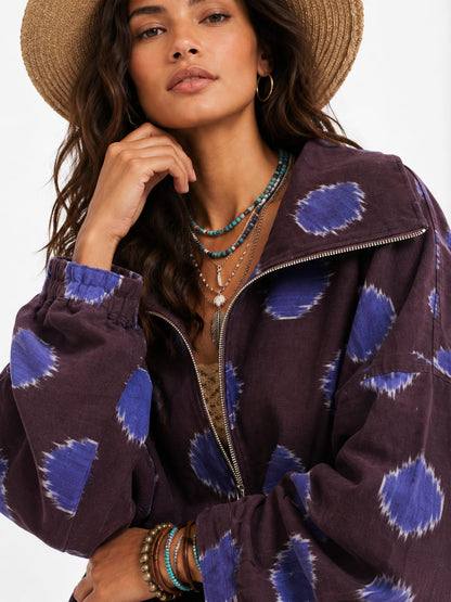 Indigo Ikat Print Oversized Zip Jacket