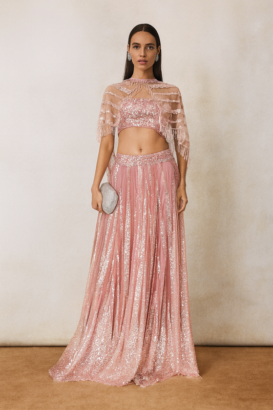Blush Pink Sequin Lehenga Set with Sheer Cape