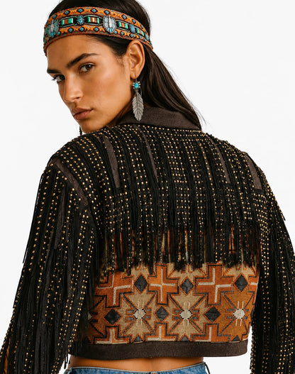 Tribal Fringe Studded Crop Jacket