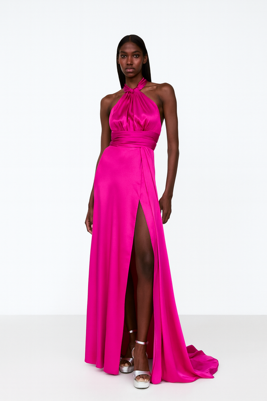 Fuchsia Satin Halter Gown