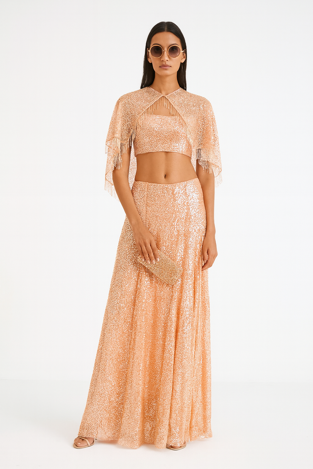 Peach Sequin Lehenga Set with Fringe Cape