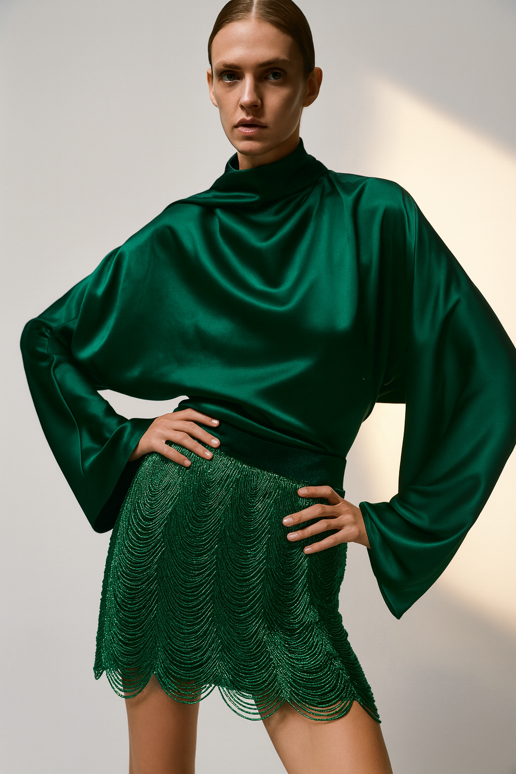 Emerald Scalloped Beaded Mini Skirt