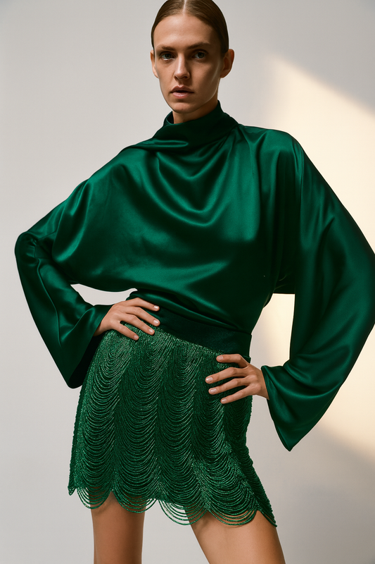 Emerald Scalloped Beaded Mini Skirt