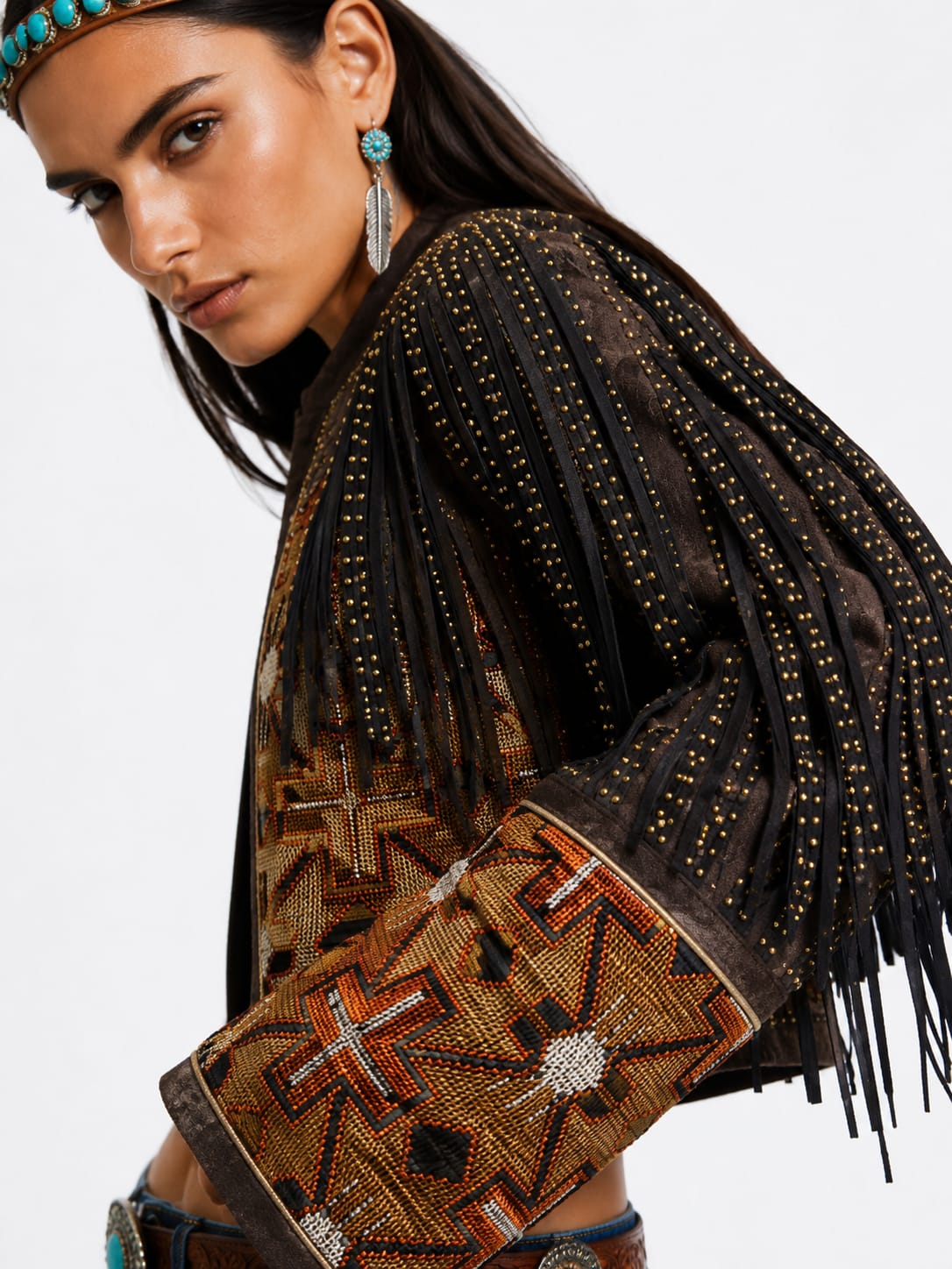Tribal Fringe Studded Crop Jacket