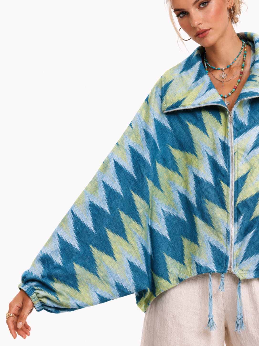 Blue Ikat Zip-Up Oversized Jacket