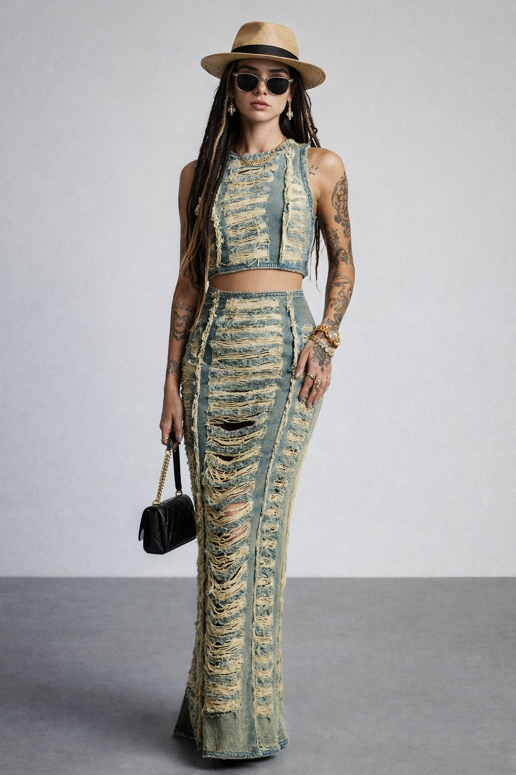 Distressed Denim Maxi Skirt Set