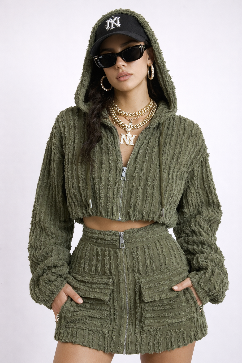 Olive Textured Zip Skirt Set