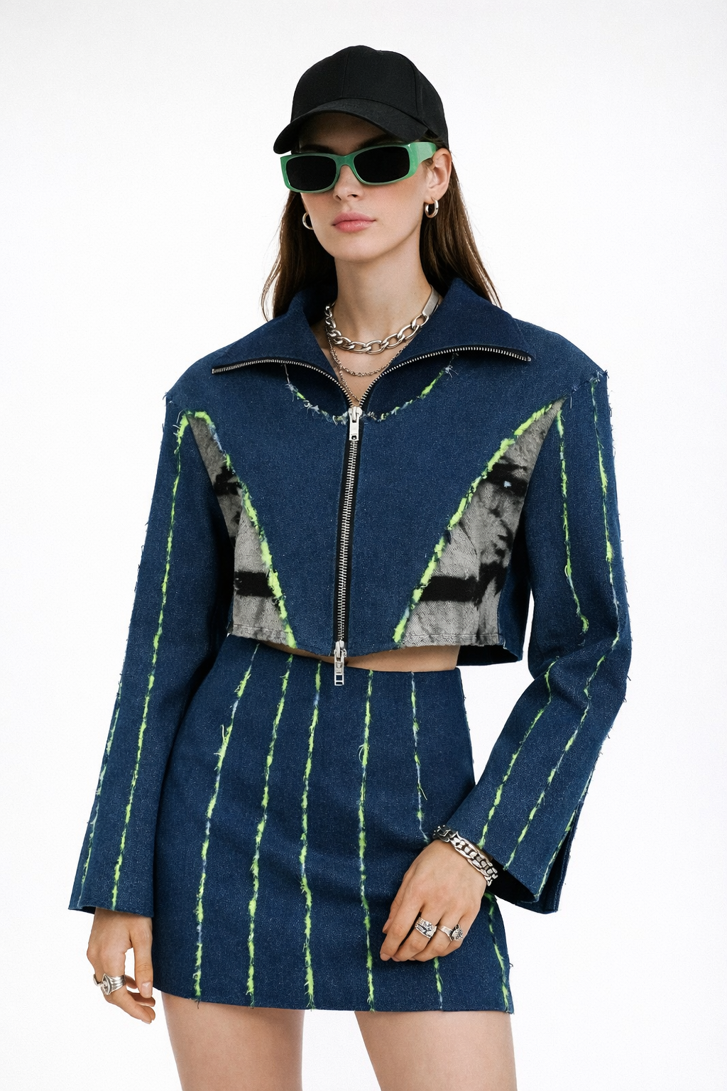 Denim Neon Stitch Skirt Set