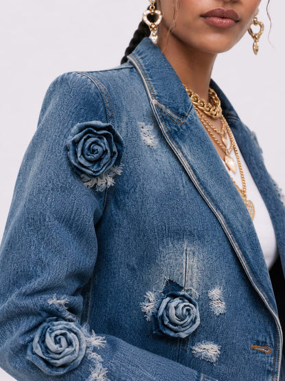 Embellished Floral Denim Blazer