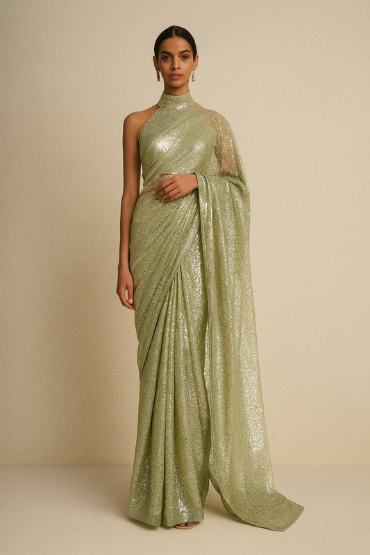 Sage Shimmer Sequin Saree