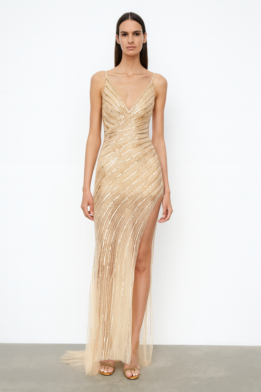 Gold Sequin Thigh-Slit Gown