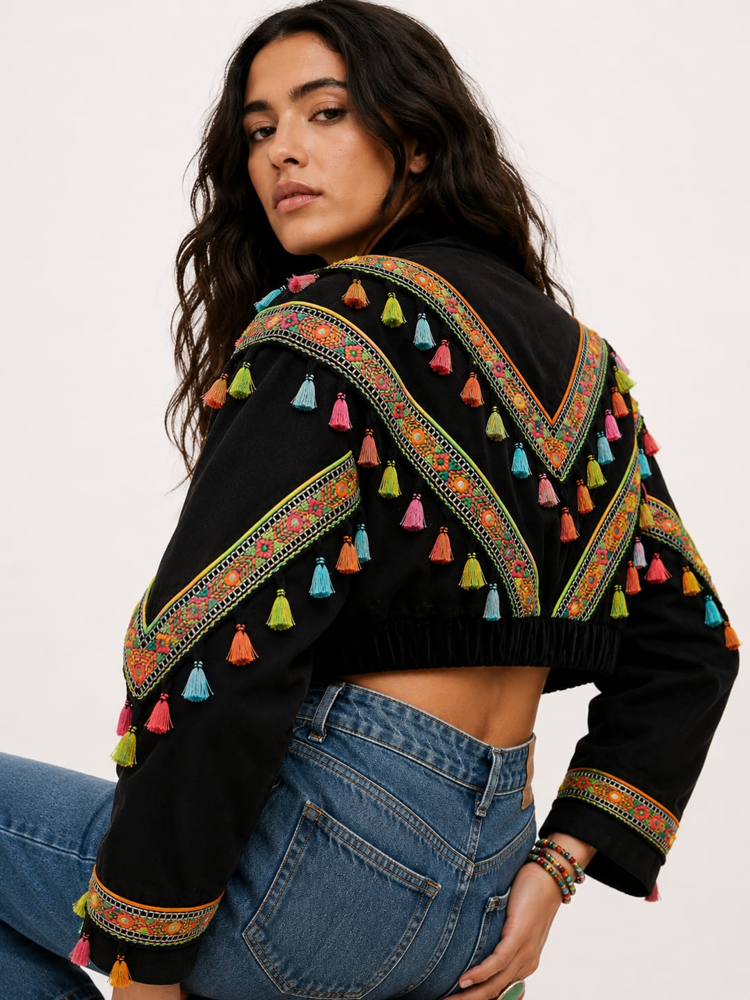 Black Embroidered Tassel Cropped Jacket