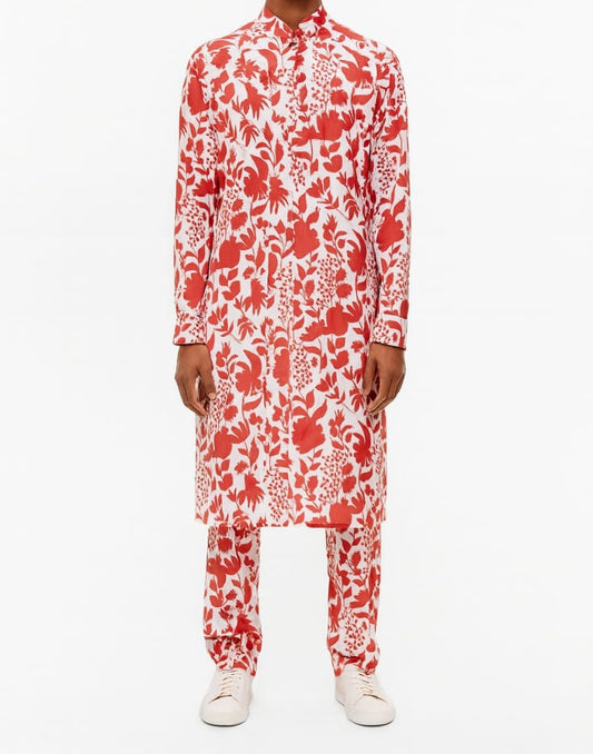 Red & White Floral Print Long Kurta