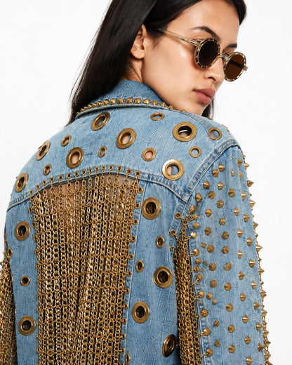 Chain Fringe Studded Denim Jacket