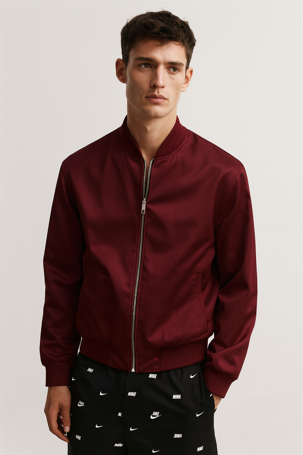 Classic Maroon Minimalist Bomber Jacket