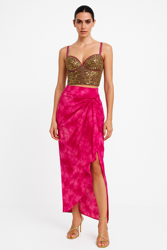 Gold Mirror Bustier with Fuchsia Draped Skirt Set