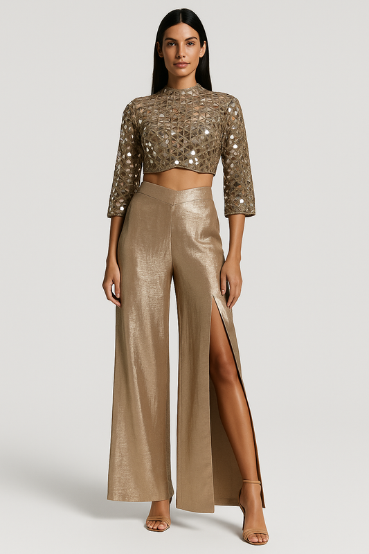 Gold Mirror Embellished Crop Top with Metallic Slit Pants Set