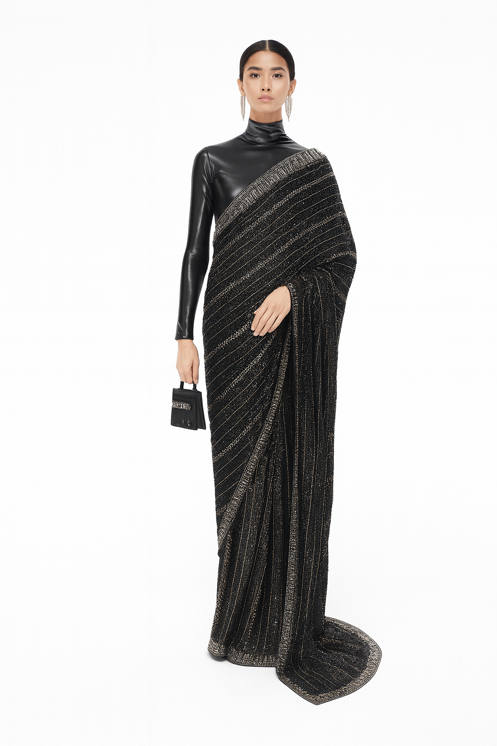 Noir Luxe Metallic Stripe Saree