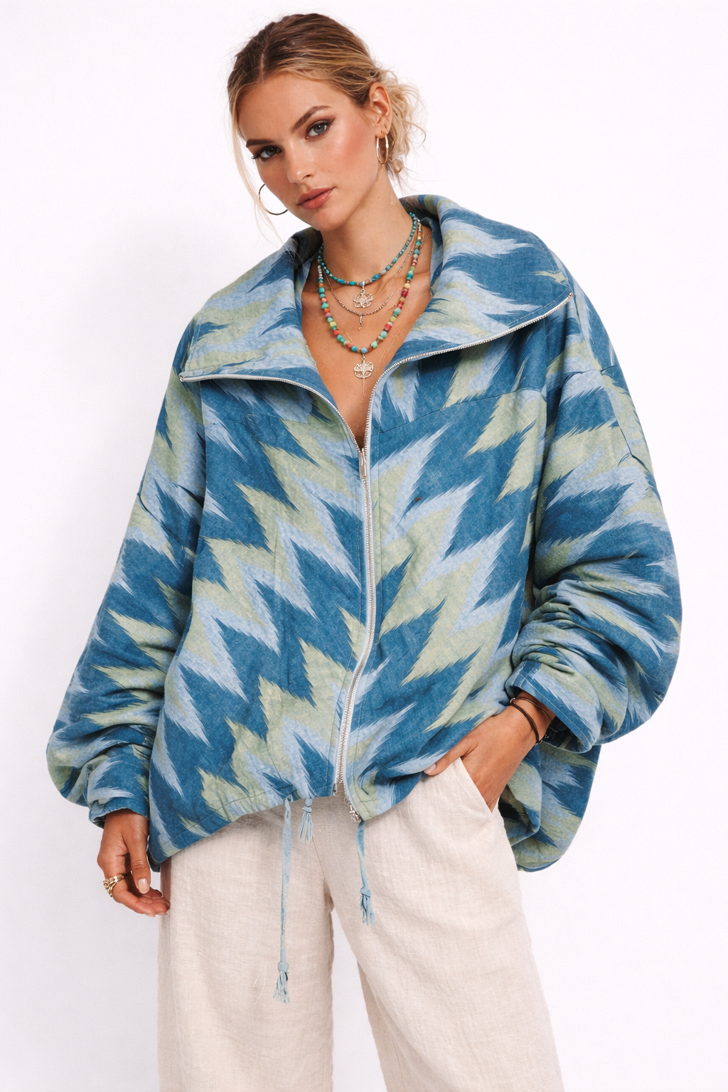 Blue Ikat Zip-Up Oversized Jacket