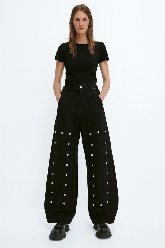 Black Studded Wide-Leg Cargo Pants