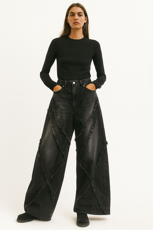 Black Textured Wide-Leg Jeans