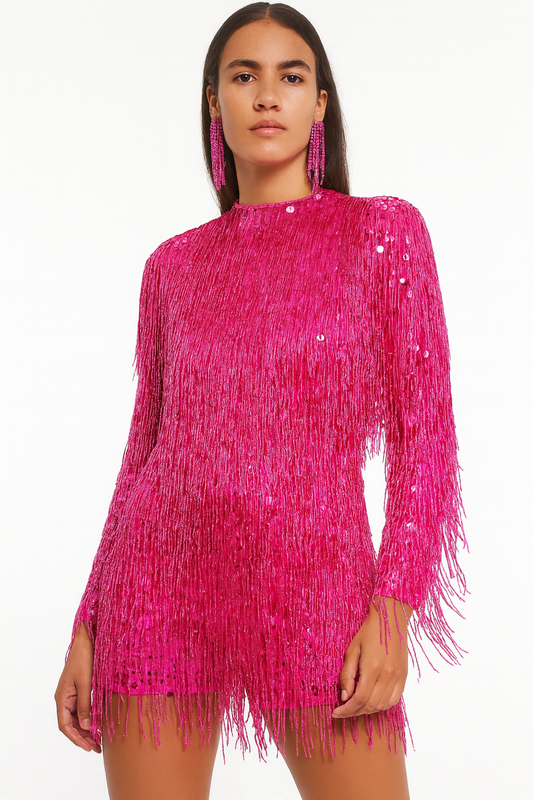 Electric Fuchsia Sequin Fringe Mini Dress