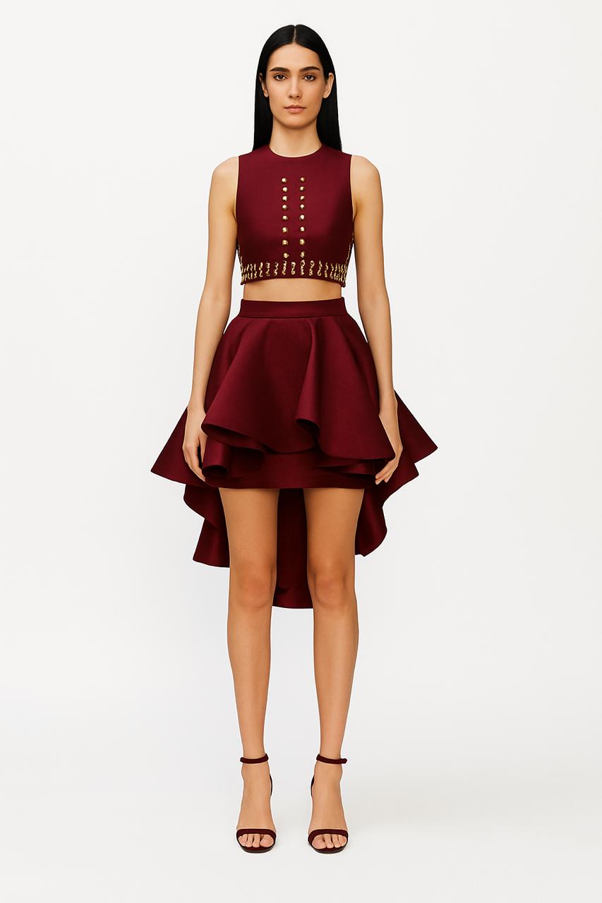 Wine Structured Ruffle Skirt Set