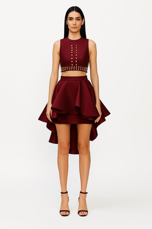 Wine Structured Ruffle Skirt Set