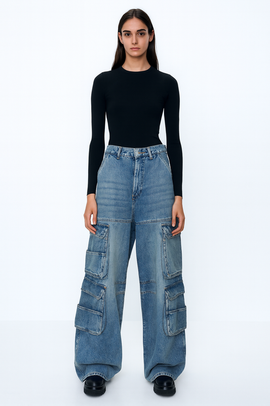 Wide-Leg Multi Pocket Cargo Jeans