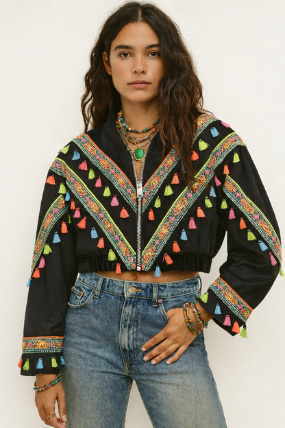 Black Embroidered Tassel Cropped Jacket