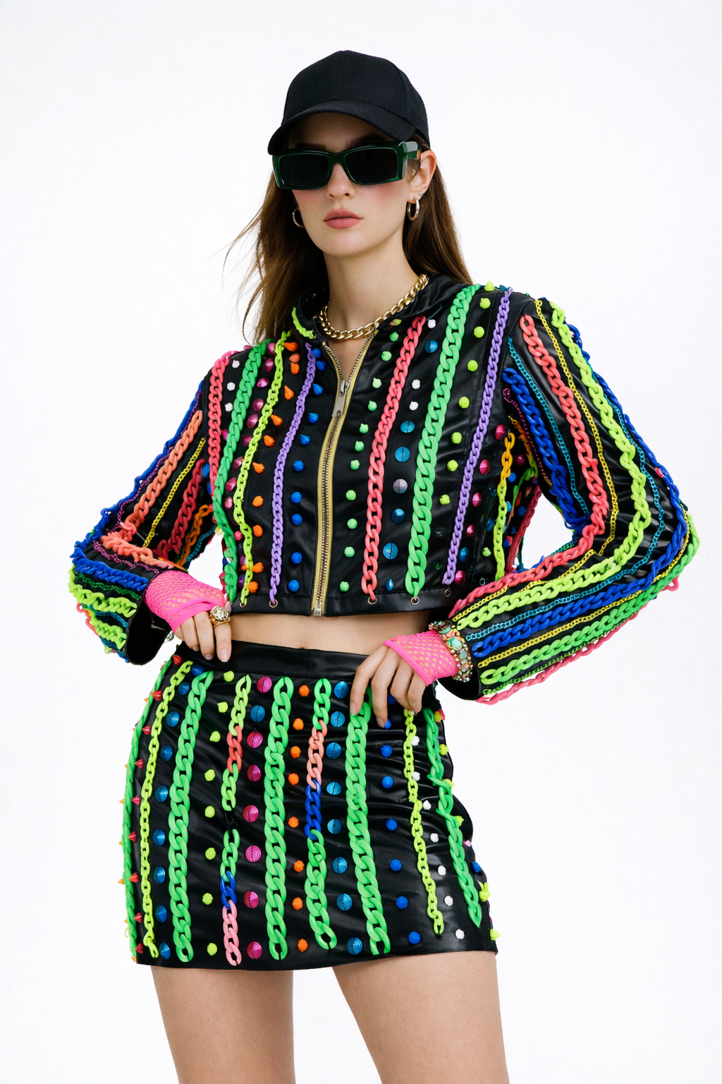 Neon Chain Embellished Skirt Set