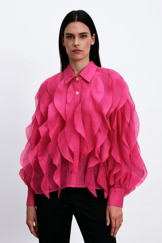 Hot Pink Organza Wave Ruffle Blouse