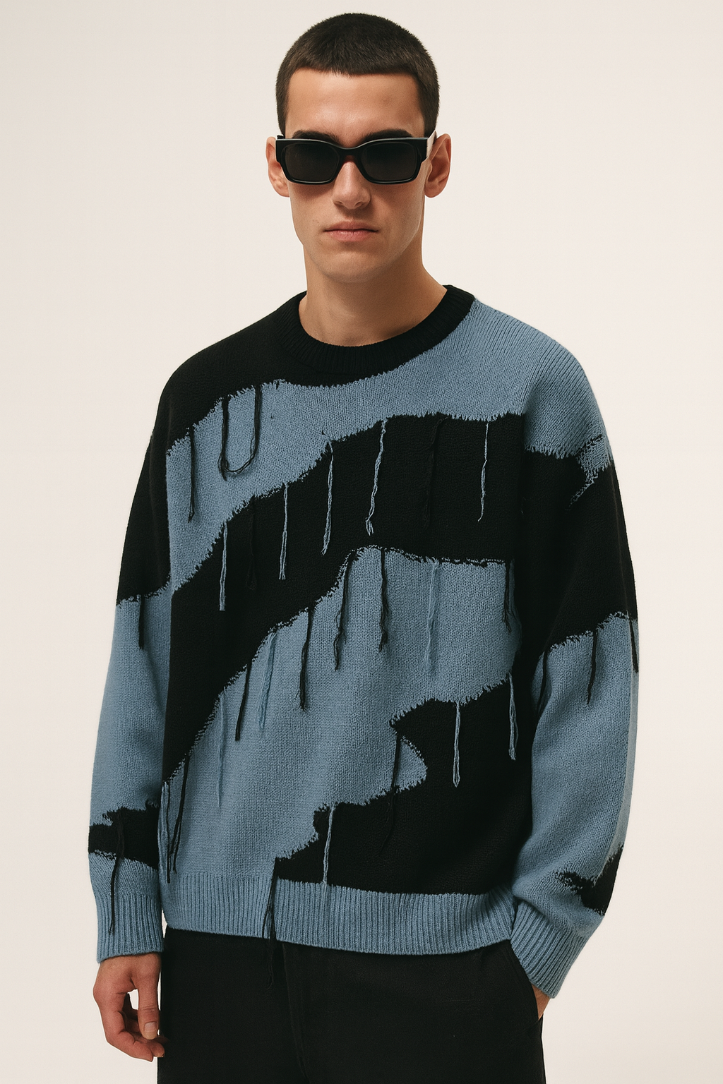 Blue & Black Distressed Pattern Knit Jumper