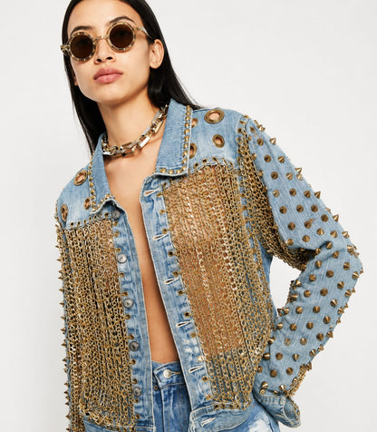 Chain Fringe Studded Denim Jacket