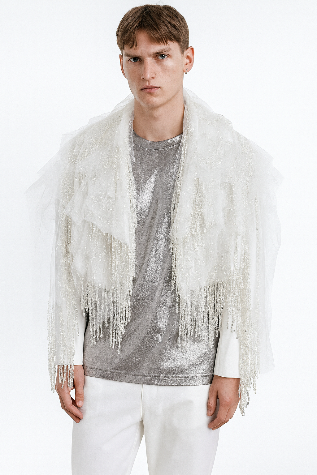 Ivory Couture Tulle & Sequin Cascade Shawl Jacket
