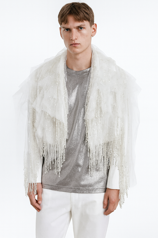 Ivory Couture Tulle & Sequin Cascade Shawl Jacket
