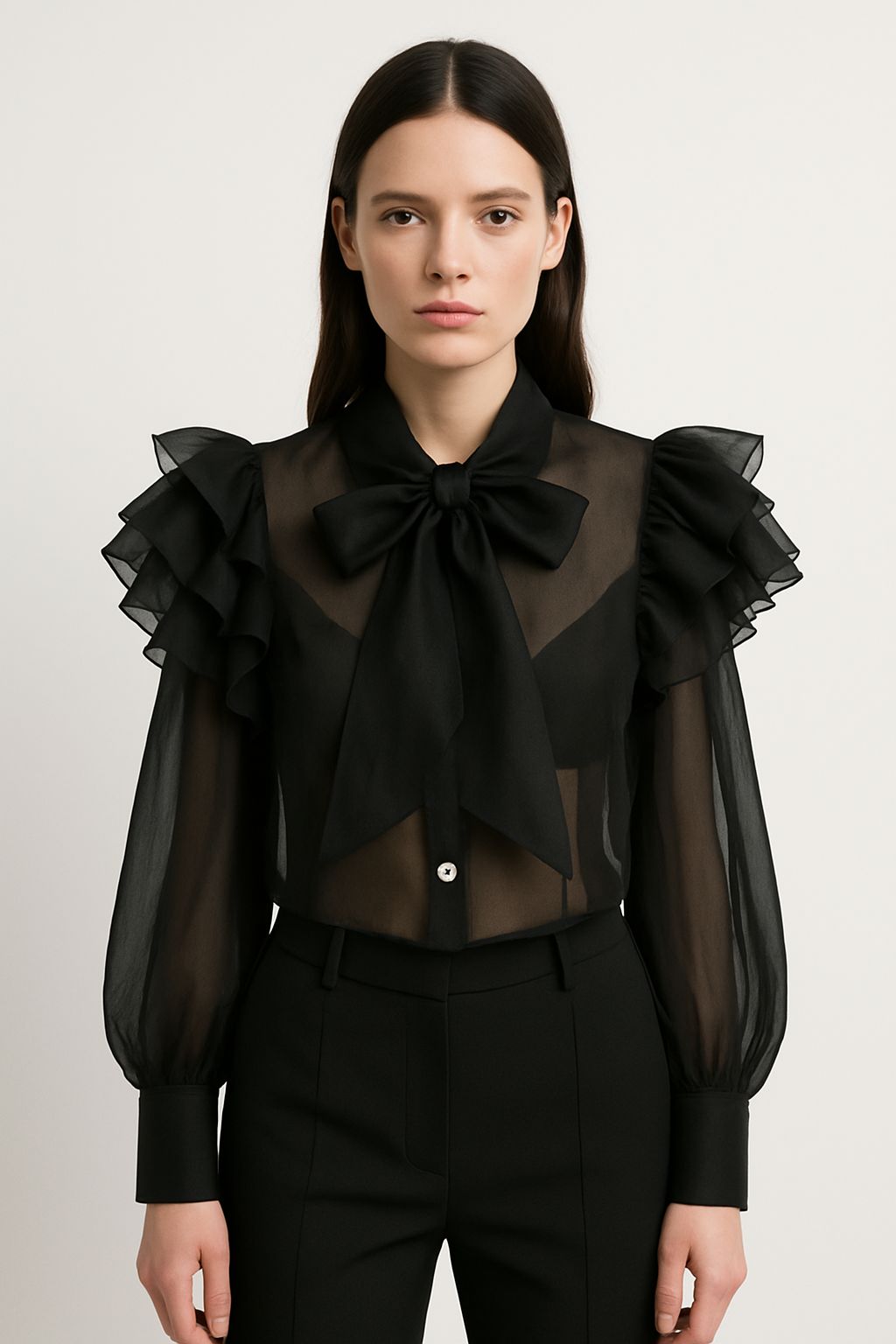 Black Sheer Ruffle Bow Blouse