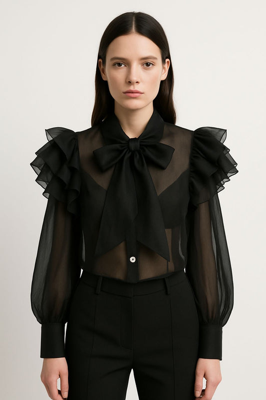Black Sheer Ruffle Bow Blouse