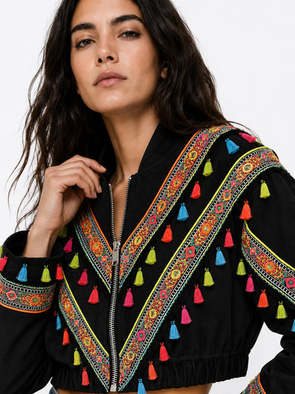 Black Embroidered Tassel Cropped Jacket