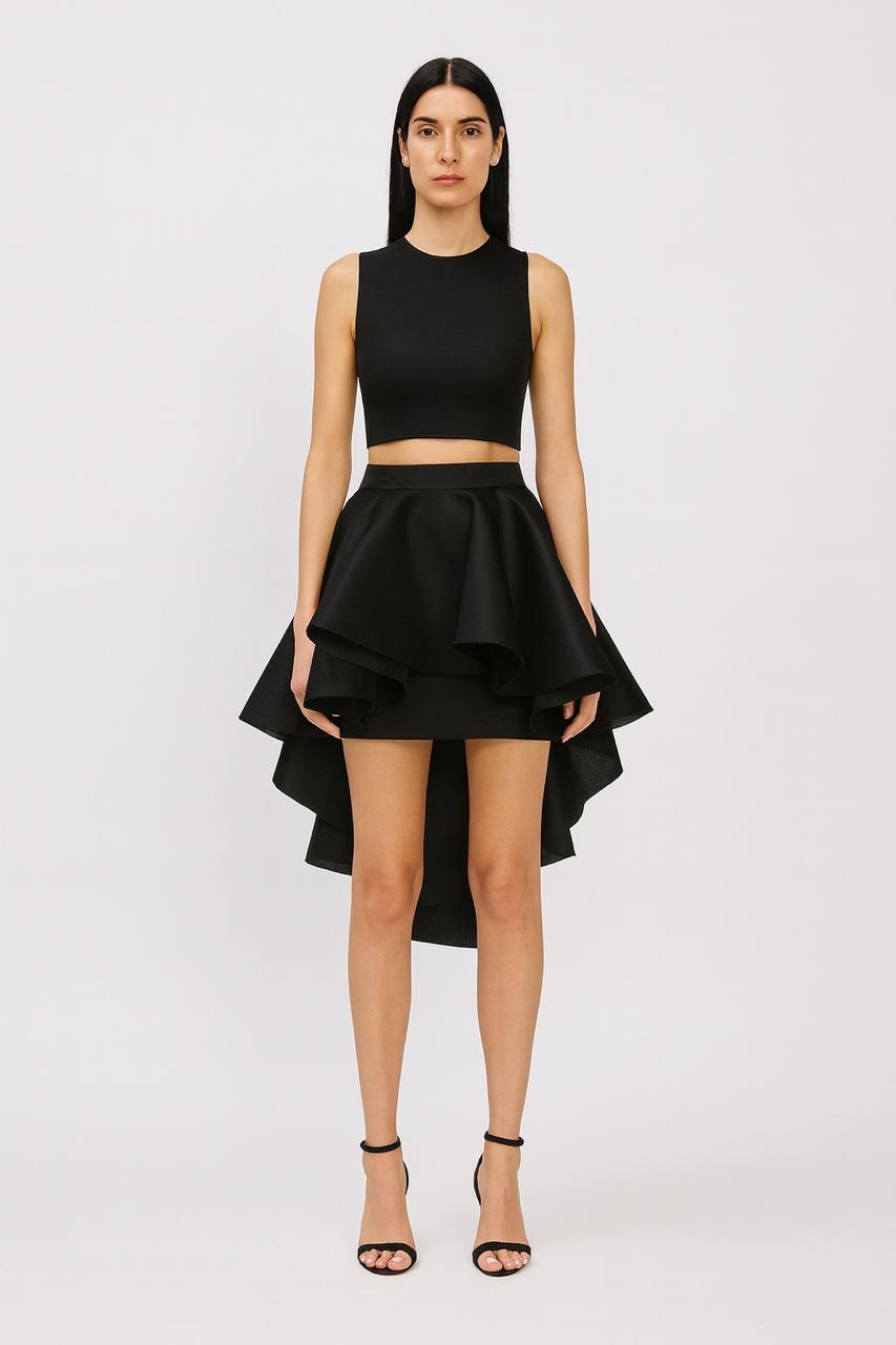 Black Structured Ruffle Skirt Set