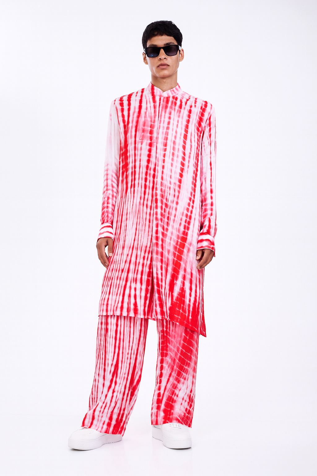Red & White Linear Tie-Dye Long Kurta