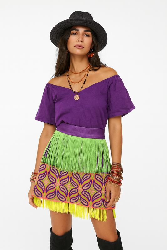 Neon Fringe Embroidered Mini Skirt